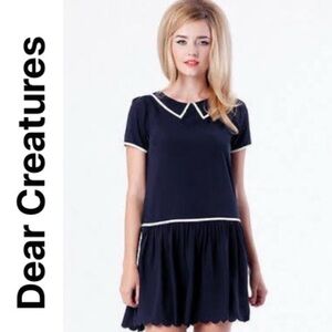 Dear Creatures navy blue "Celine" mod drop waist dress scalloped hem- M